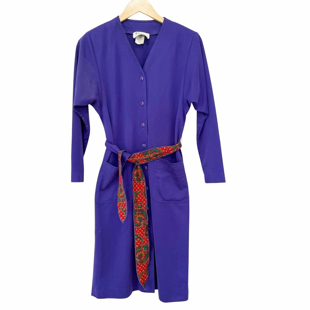 Vintage Ricano Petites Purple Long Sleeve Shirt Dress Pattern Belt Sz S/M Petite